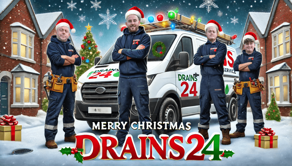 DALL·E 2024 12 23 16.41.43 A high resolution festive Christmas greeting image featuring four workers in front of a drainage service van e1743655066601