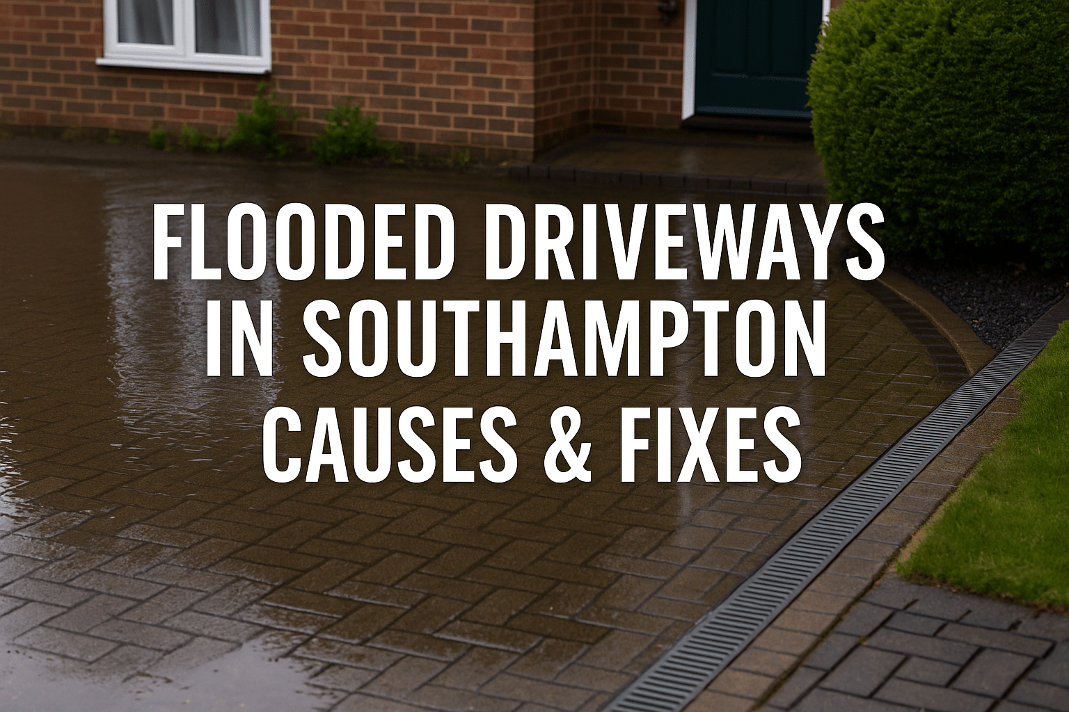 A high-definition image of a partially flooded Southampton driveway after heavy rain, showing surface water pooling with visible aco channels and drains.