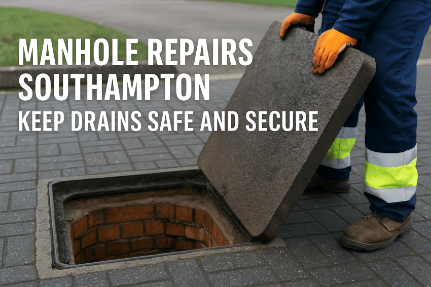 A drainage engineer in Southampton performing professional manhole repairs with safety gear beside an open inspection cover, representing reliable drain maintenance services.
