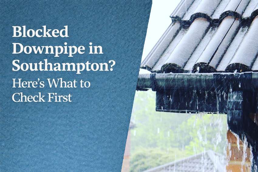 Blocked downpipe connected to guttering during drain unblocking in Southampton