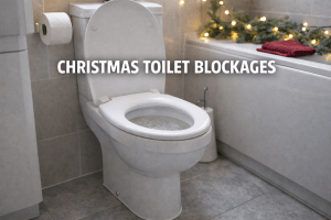 Blocked toilet in a UK bathroom during Christmas, showing rising water caused by festive overuse and toilet blockages in Southampton homes