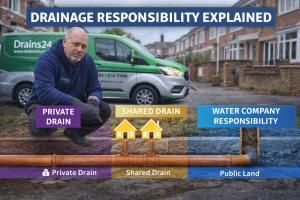 Drains24 technician explaining private, shared, and water company drainage responsibility beside Drains24 van on a UK residential street