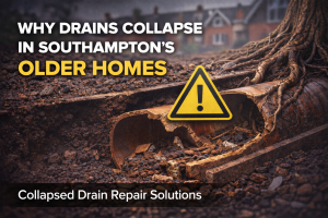 Broken clay drain pipe collapsed under Southampton home with tree root intrusion, showing common causes of drain collapse in older properties