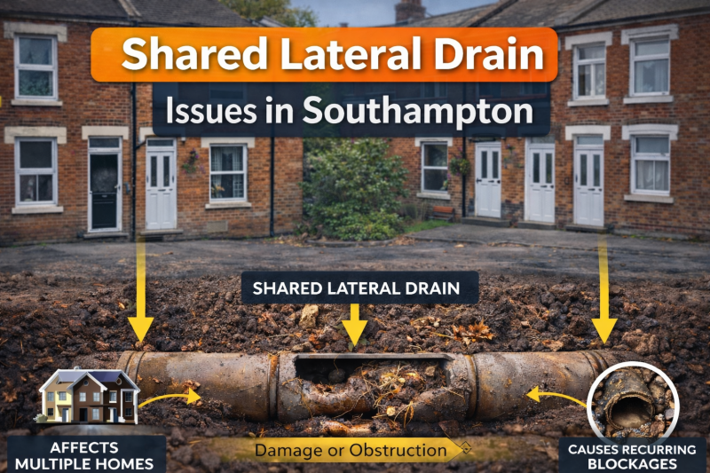 Diagram showing shared lateral drain issues in Southampton affecting multiple terraced homes due to underground pipe damage and blockages