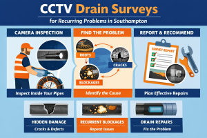 Graphic-style featured image showing CCTV drain surveys for recurring drainage problems in Southampton, including camera inspection, blockages, cracks, roots, reporting and repair planning.