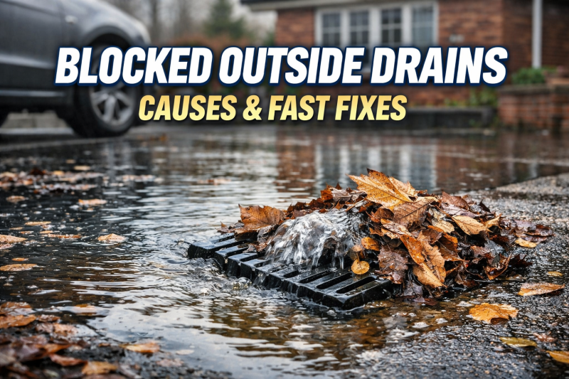 Blocked outside driveway drain overflowing with leaves and rainwater in Southampton