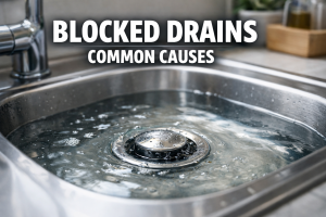 Kitchen sink with water level above plug hole showing slow drainage and blocked drain issue in Southampton