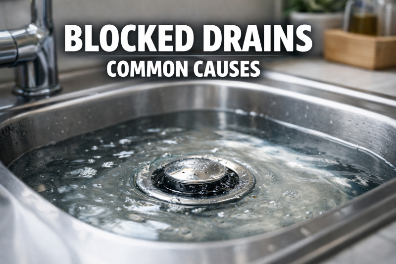 Kitchen sink with water level above plug hole showing slow drainage and blocked drain issue in Southampton