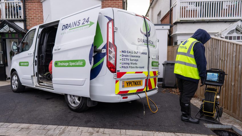 Drain survey Southampton showing CCTV inspection identifying blockage inside pipe