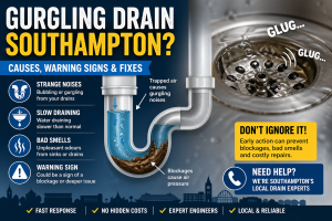 Graphic explaining a gurgling drain in Southampton, showing trapped air, pipe blockage, slow draining water, bad smells, warning signs and drainage fixes.
