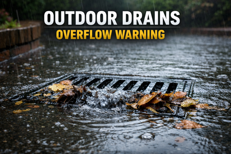 Outdoor drain in Southampton blocked with leaves causing water overflow and pooling on driveway after heavy rain