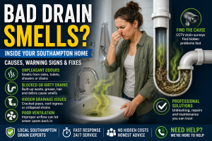 Graphic showing bad drain smells inside a Southampton home, including blocked drain pipework, bad odours from a sink, and common drainage warning signs.