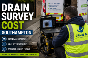 Drain engineer in Southampton carrying out a CCTV drain survey using professional inspection camera equipment to diagnose underground drainage problems and assess survey costs.