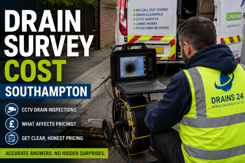 Drain engineer in Southampton carrying out a CCTV drain survey using professional inspection camera equipment to diagnose underground drainage problems and assess survey costs.