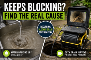 Recurring blocked drain Southampton graphic showing water backing up in a sink and a CCTV drain survey identifying tree roots and hidden drainage problems underground.