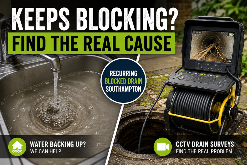 Recurring blocked drain Southampton graphic showing water backing up in a sink and a CCTV drain survey identifying tree roots and hidden drainage problems underground.
