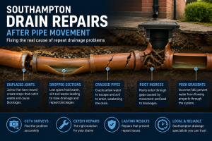 Infographic showing Southampton drain repairs after pipe movement, including displaced joints, poor gradients, cracked pipes and CCTV inspection.