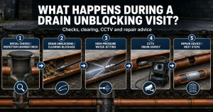 Infographic explaining a Southampton drain unblocking visit, including inspection chamber checks, blockage clearing, water jetting, CCTV drain survey and repair advice.