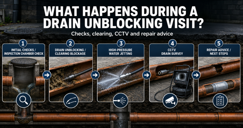 Infographic explaining a Southampton drain unblocking visit, including inspection chamber checks, blockage clearing, water jetting, CCTV drain survey and repair advice.