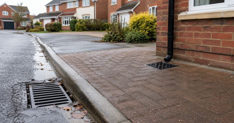 Road gully beside a wet Southampton residential street and a separate house drain beneath a rainwater downpipe.