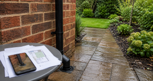 Rainwater downpipe, drainage evidence and garden soakaway route beside a Southampton home after light rain.