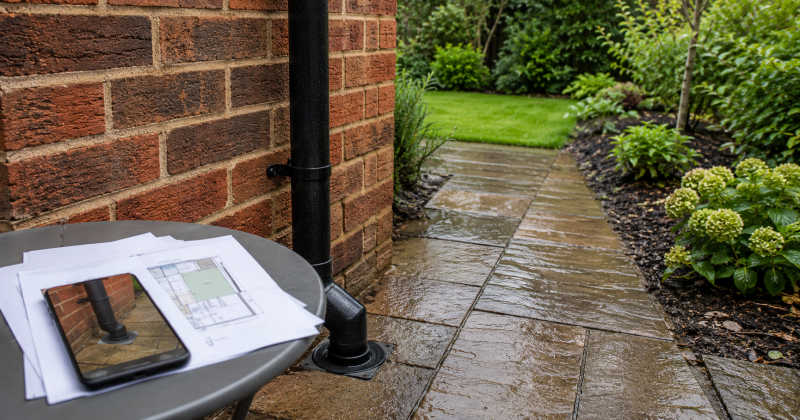 Rainwater downpipe, drainage evidence and garden soakaway route beside a Southampton home after light rain.